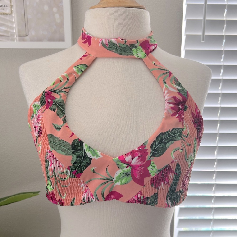 Tory Praver Swimwear Top Peachy Pink Floral NWT size L